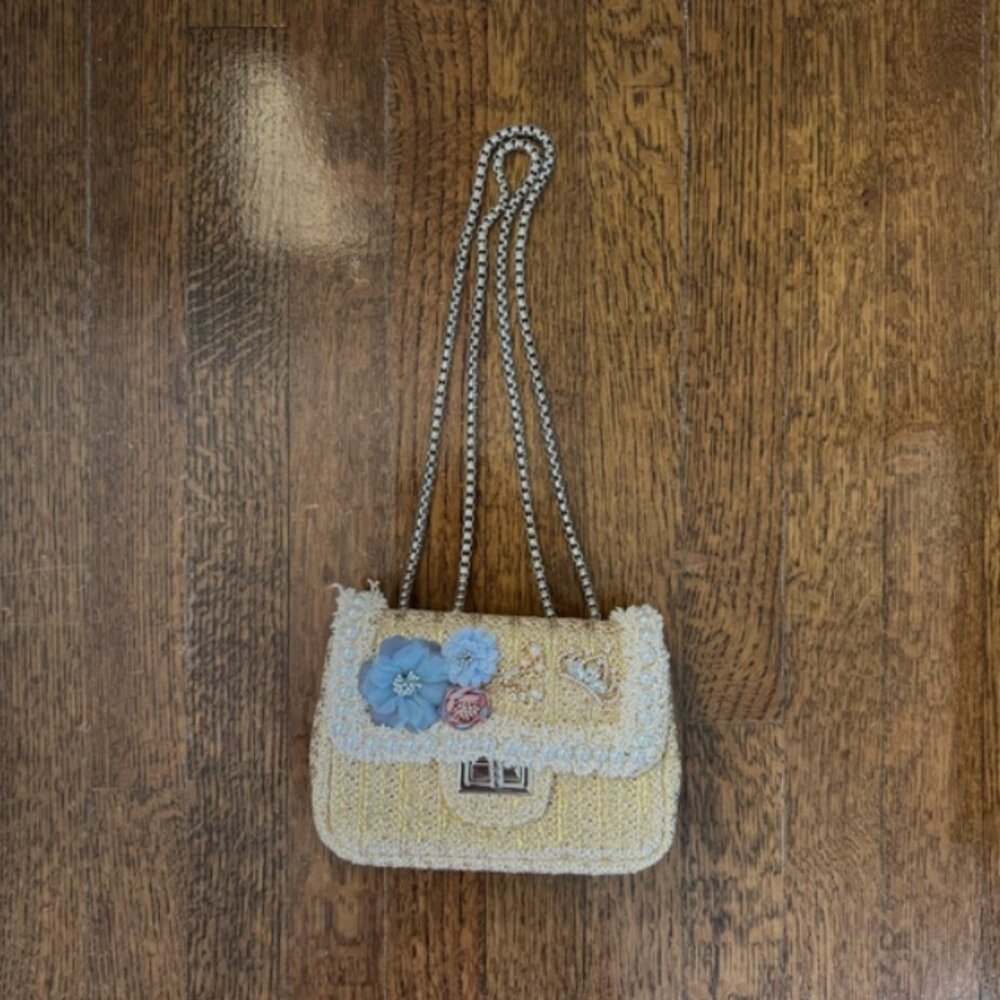 Bognar Blu Gold Tweed Flap Bag with Blue Floral Details